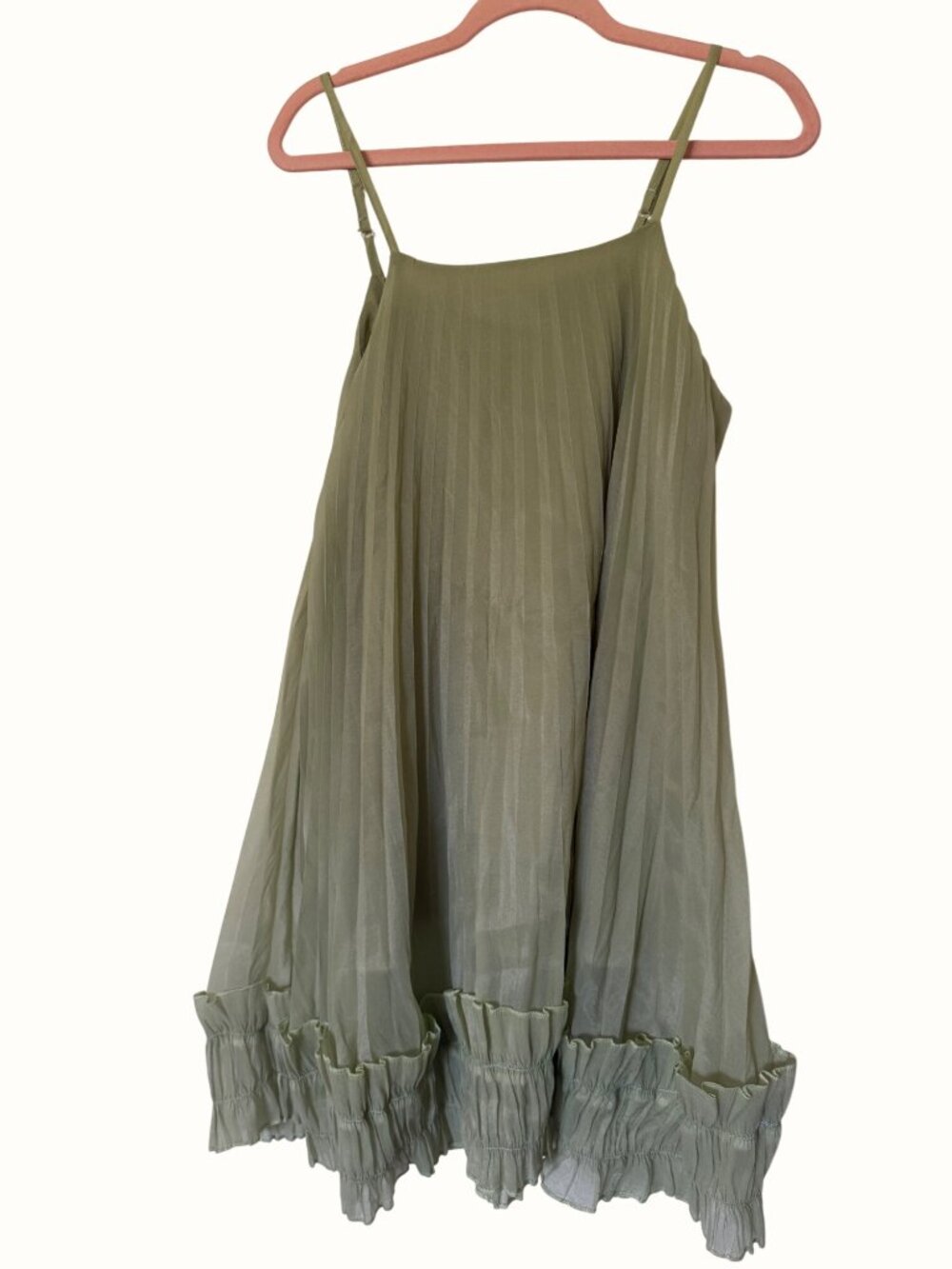Green Pleated Sleeveless Dress With Adjustable Straps & Ruffled Hem By Micky